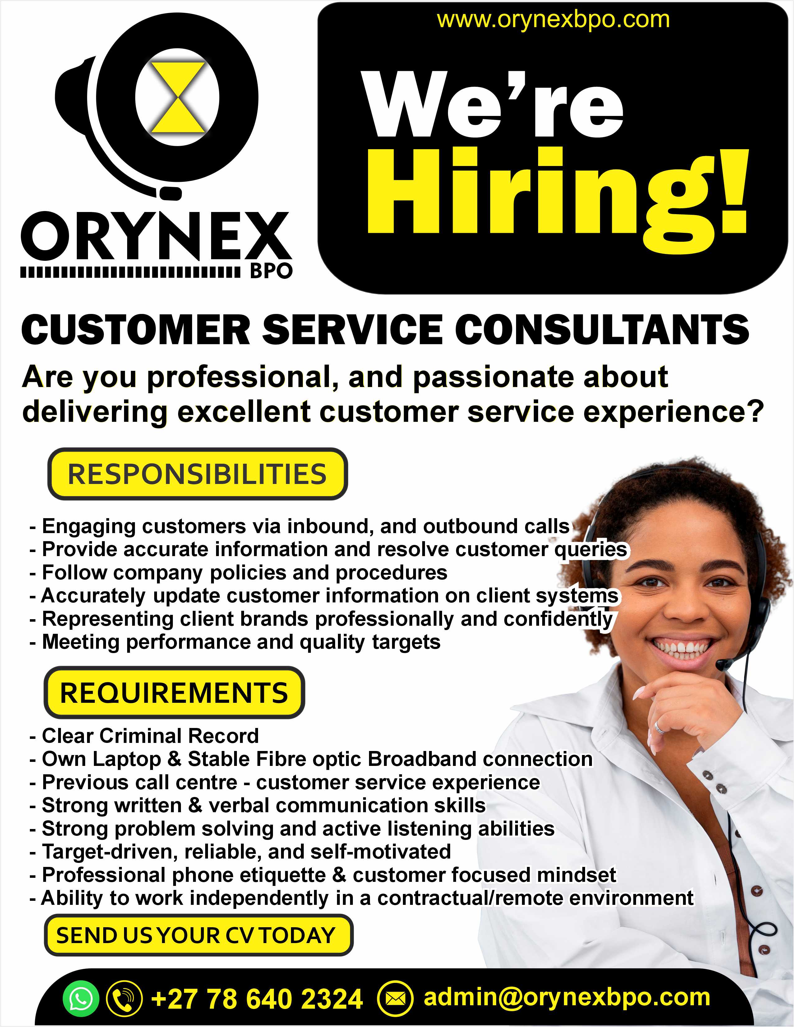 Customer Service Consultants - We're Hiring at Orynex BPO