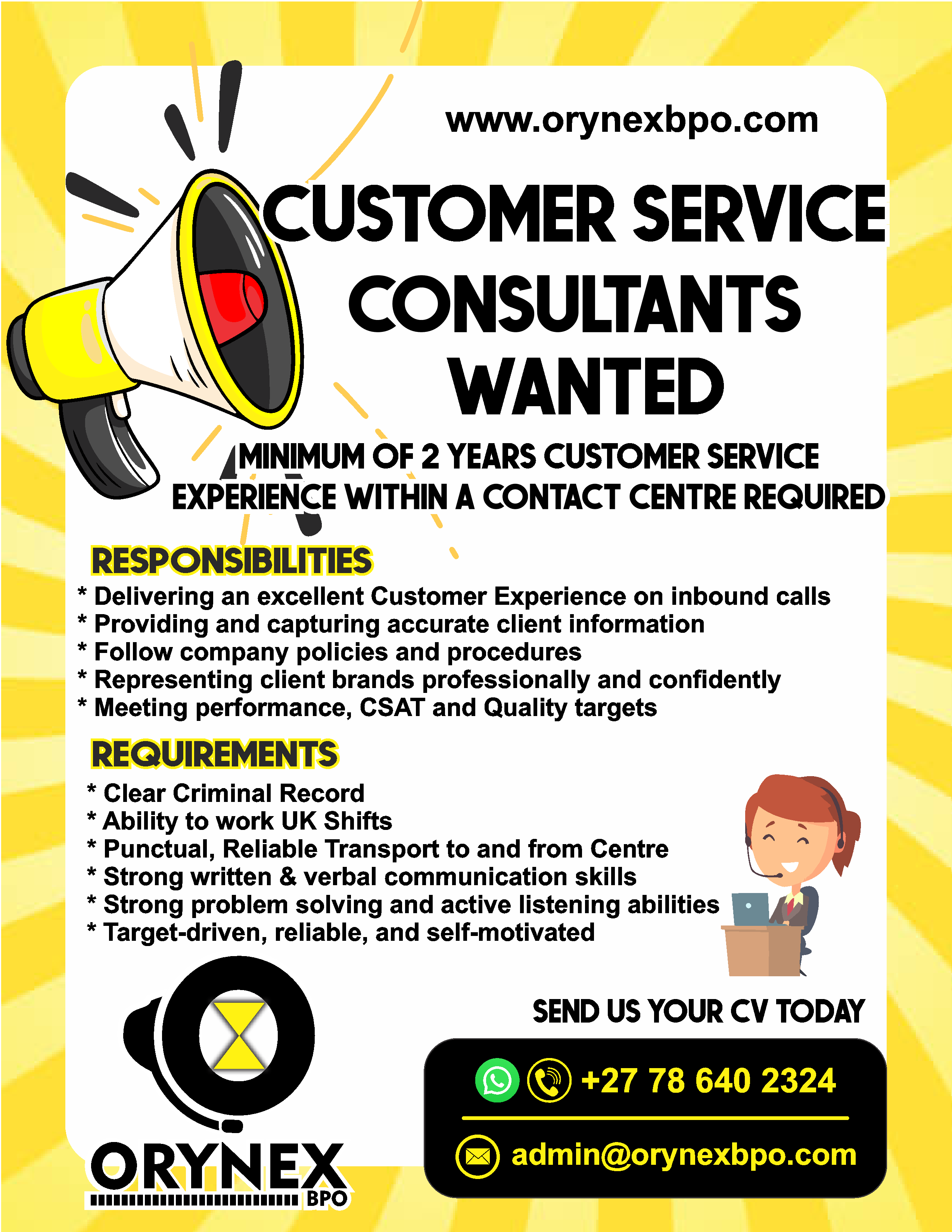 Customer Service Consultants Wanted - Orynex BPO